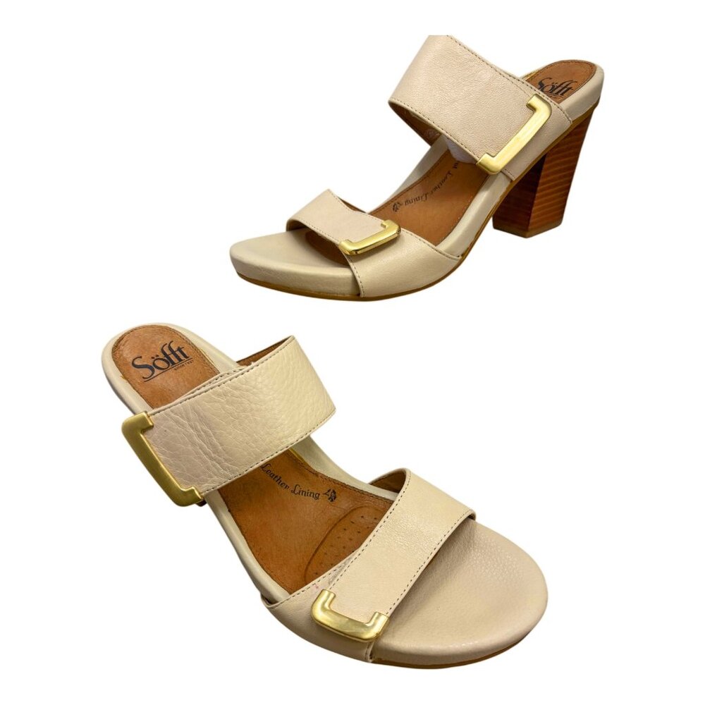 Sofft Damia Cream Leather Double Strap Heeled Slide Sandals